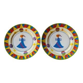 Rare Pair of Hand-Painted Porcelain Plates - Coquet Limoges "Outer Space Circus" Pattern For Sale