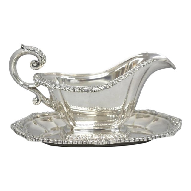 Vintage Gorham Y1130 Y1131 Victorian Silver Plated Gravy Sauce Boat & Underplate For Sale