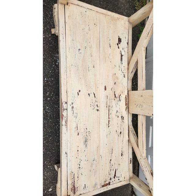 Vintage French Country Distressed Cream Painted Carved Wood Settee With Custom Toile Cushion For Sale - Image 12 of 15