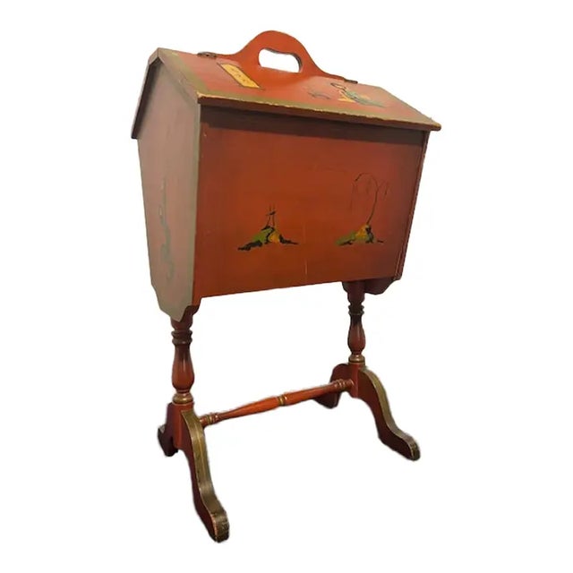 Vintage 20th Century English Style Red Japanned Hinged Two-Sided Flip-Open Sewing Cabinet For Sale - Image 17 of 18