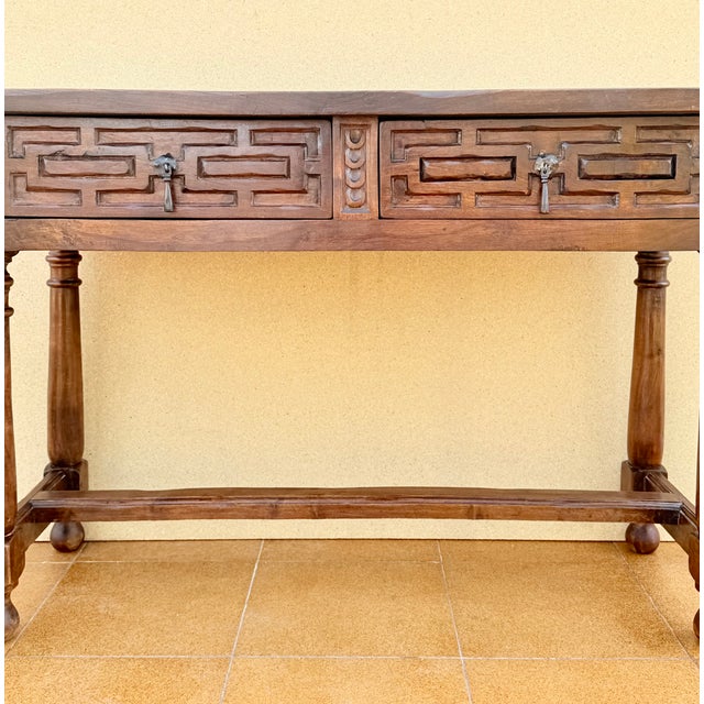 Spanish Walnut Console Table with Geometric Carved Drawers, 1920s For Sale - Image 15 of 17