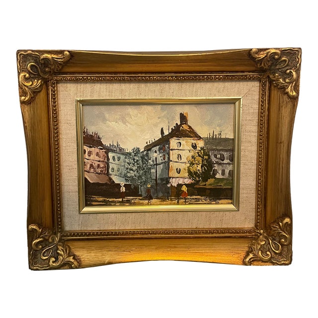 Mid 20th Century European Street Scene Original Framed Painting For Sale