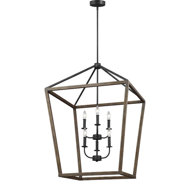 Sean Lavin by Visual Comfort Studio Gannet Large Chandelier, Weathered Oak Wood/Antique Forged Iron For Sale
