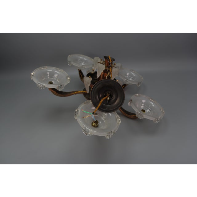 Art Deco French Frosted Glass, Brass, and Copper Chandelier, 1930s For Sale - Image 17 of 18