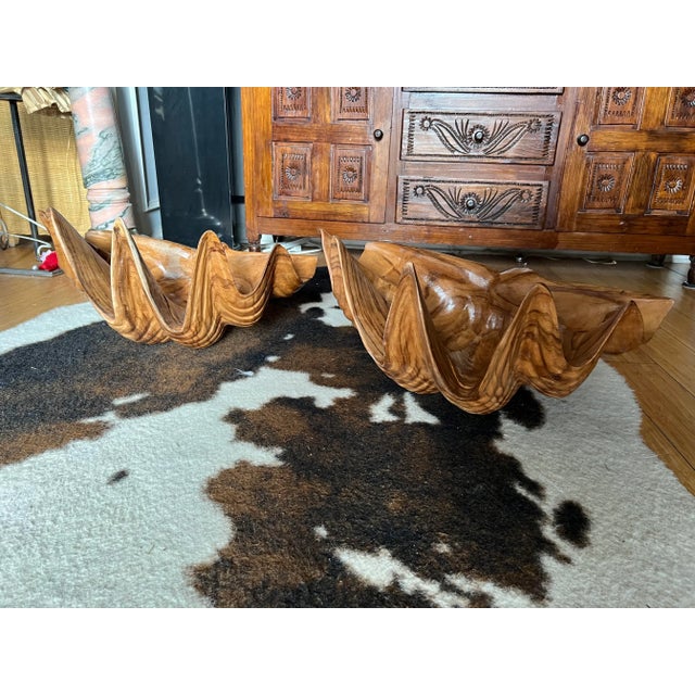 Pair of 1970s Oversized Nautical Wooden Shell Bowls For Sale - Image 4 of 9