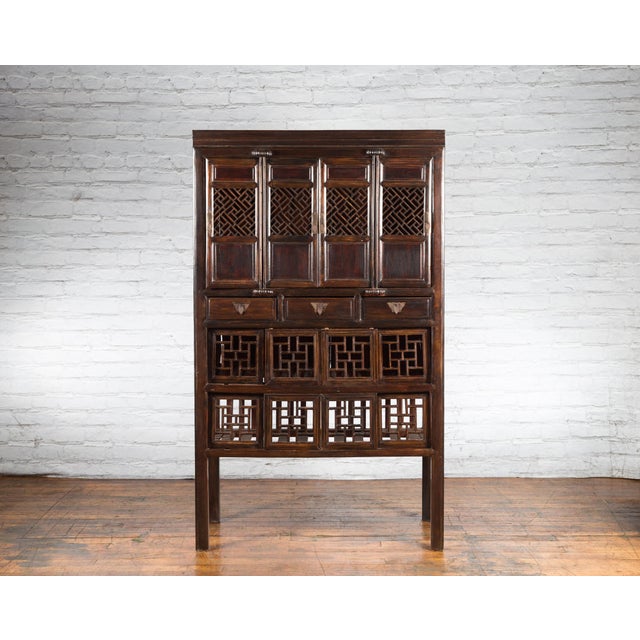 Wood Chinese Qing 19th Century Brown Cabinet with Fretwork Doors and Three Drawers For Sale - Image 7 of 12