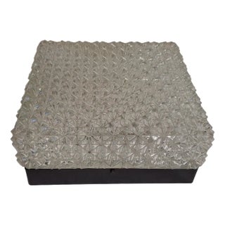 Vintage German Ceiling Lamp with Black Plastic Base and Patterned Glass Shade from Erco, 1970s For Sale