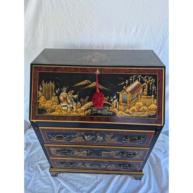 Chinoiserie A Vintage Chinoiserie Black Lacquer Secretary Desk by the Maddox Table Company For Sale - Image 3 of 14