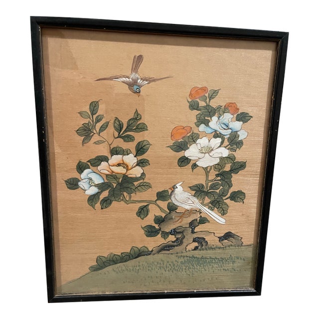 1930s “Huaniao-Hua” (Bird and Flower) Gongbi Style Chinese Watercolor & Ink on Woven Silk For Sale