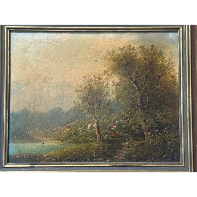 This original oil painting by A. Hobart features a tranquil European countryside scene rendered in soft, atmospheric...