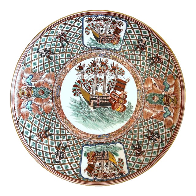 Antique Meiji Period Imari Charger Featuring a Nanban Presentation of Black Ships and Portuguese Merchants and Sailors For Sale