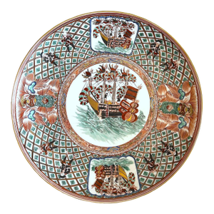 Antique Meiji Period Imari Charger Featuring a Nanban Presentation of Black Ships and Portuguese Merchants and Sailors