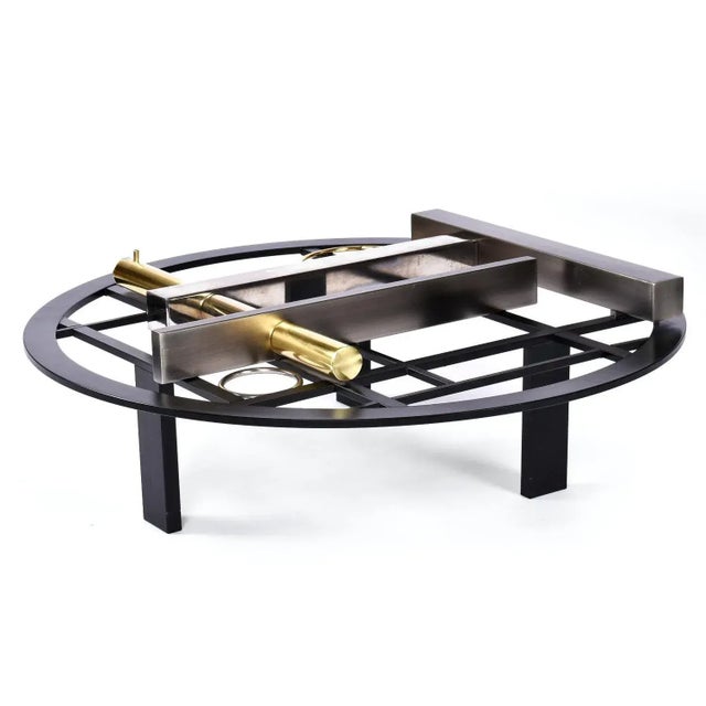 1980s Kaizo Oto Gold Black and Steel Art Deco Inspired Round Glass Top Coffee Table For Sale - Image 5 of 9
