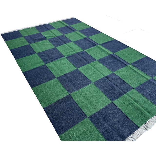 Not Yet Made - Made To Order Handmade Woolen Flat Weave Rug, Forest Green and Greyish Blue Checker Board Dhurrie - 5'x8' For Sale - Image 5 of 12