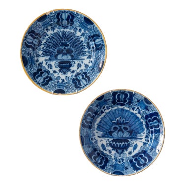18th Century Dutch Delft Blue and White Peacock Plates, Set of 2 For Sale