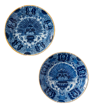 18th Century Dutch Delft Blue and White Peacock Plates, Set of 2