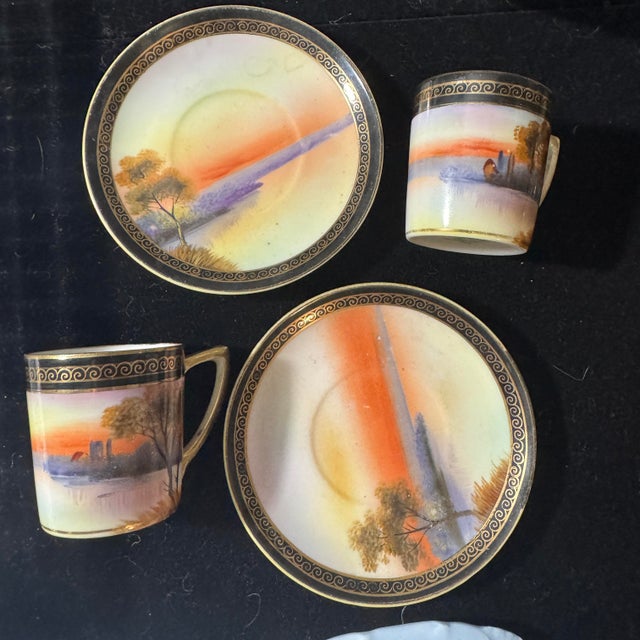 Art Deco 1920s Noritake Hand Painted Sunset Landscape Coffee / Chocolate Set - 5 Pieces For Sale - Image 3 of 10