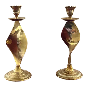 Mid-Century Twisted Brass Candle Holders - a Pair