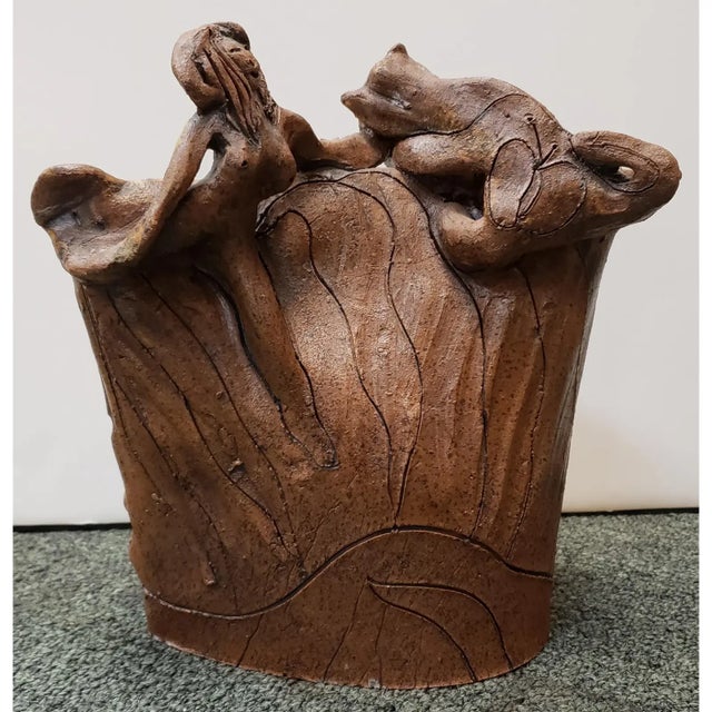 1980s 1980s Eva Bouzard-Hui Art Pottery Nude Women and Cat Clay Sculpture For Sale - Image 5 of 7