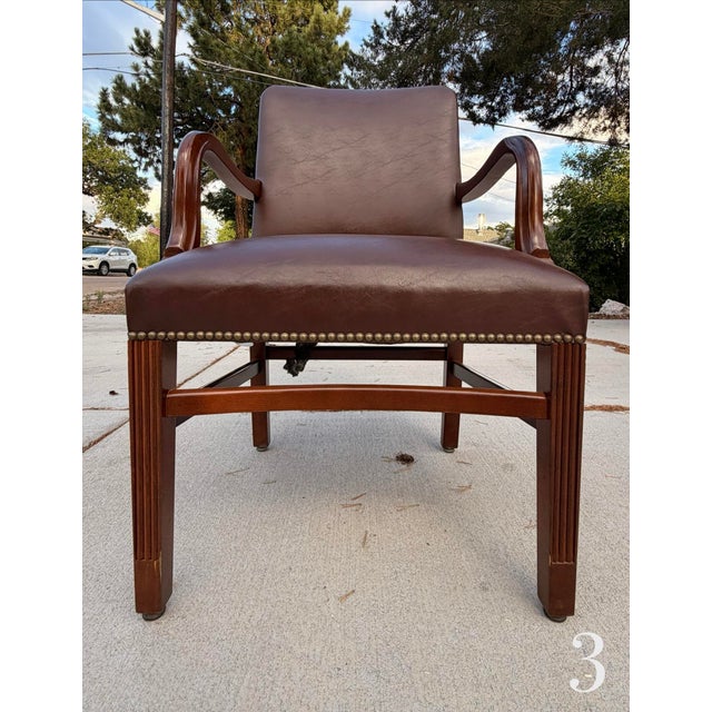 Set of 4 Vintage 1990s Gunlocke Georgian Style Brown Vinyl Armchairs For Sale - Image 12 of 18