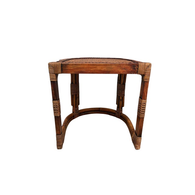 1970s Mid-Century Rattan & Bamboo Accent Table With Woven Wicker Top, Bohemian Style Side Table For Sale - Image 4 of 9