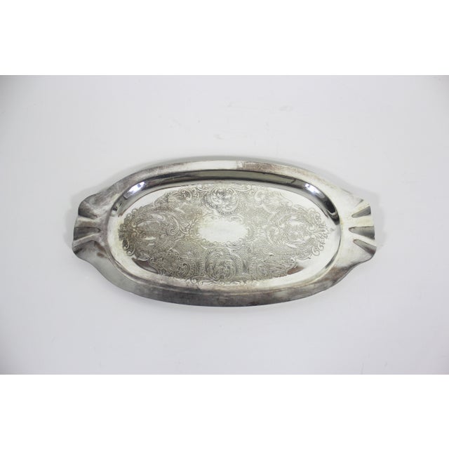 Small Vintage Silver Plated Oval Tray With Floral Detail, Vintage Plate, Trinket Dish, Embossed, Etched Engraved Patina Serving Dish For Sale - Image 4 of 7