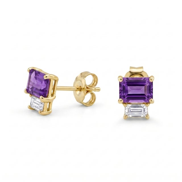 Contemporary Amethyst Stud Earrings • Baguette Gemstone Geometric Studs • February Birthstone Gift for Her - A Pair For Sale - Image 3 of 3