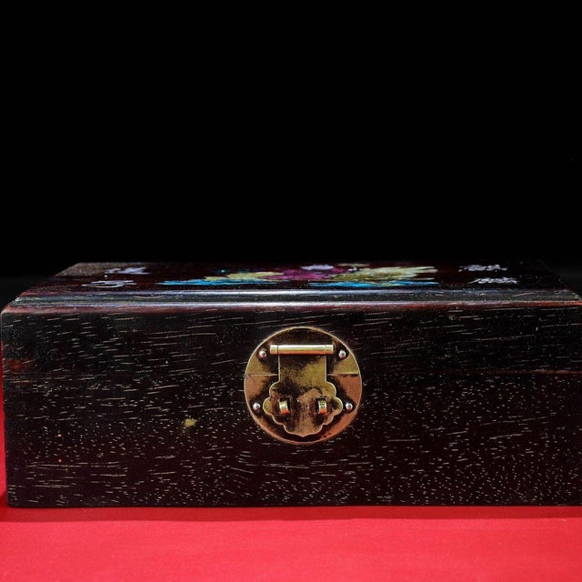 Brown Vintage Chinese Rosewood Jewelry Box With Mother of Pearl "Qilin" Inlay - 25cm For Sale - Image 8 of 9
