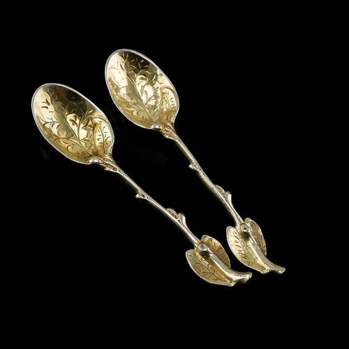 Antique Victorian Silver Gilt Naturalistic Leaf Spoons by Sebastian Crespell, 1842, Set of 2 For Sale - Image 5 of 11