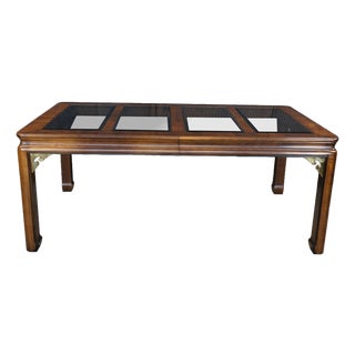 Mid Century Chinoiserie Matchbook Walnut Brass & Glass Extendable Dining Table For Sale