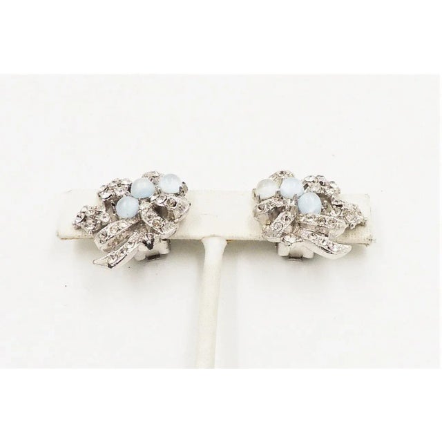 1950s Vintage 1950s Rhodium Plated Cabochon Faux-Blue Moonstone Earrings - 2 Pieces For Sale - Image 5 of 7
