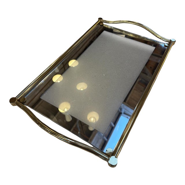 Italian Brass and Glass Rectangular Tray With Curved Handles, 1970s For Sale