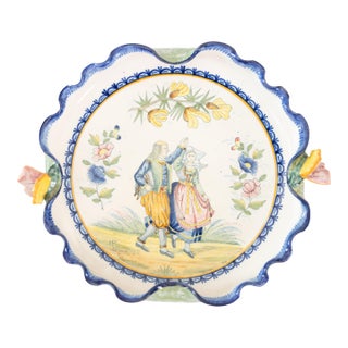 19th Century French Faience Quimper Dancing Couple Pie Crust Plate Footed Dish For Sale