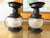 Petite 1950s caged iron semi flush ceiling lights in sleek nautical style with frosted and scalloped glass globes, pierced...