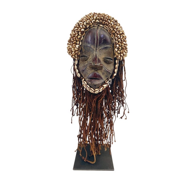 African Vintage Dan Mask Deangle Cowry Shells on Custom Made Iron Stand 23" H For Sale - Image 3 of 8