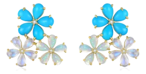 Nina Zhou Turquoise Moonstone Opal Diamond Flower Blossom Earrings in 14k Gold - A Pair