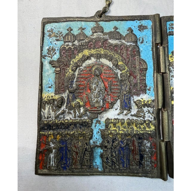 Religious Antique 19th C. Russian Orthodox Enameled Bronze Folding Travel Icon (Skladen) For Sale - Image 3 of 11