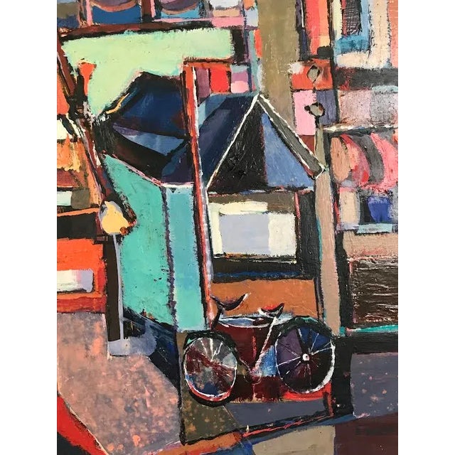 1950s Mid Century Modern Abstract Cubist Cityscape Oil Painting by Robert Kaupelis For Sale - Image 5 of 7