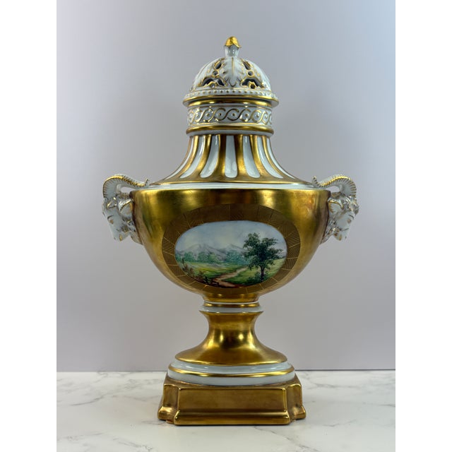 Gold Antique Dresden Porcelain Urn Vase With Figural Ram Handles & Reticulated Lid For Sale - Image 8 of 12