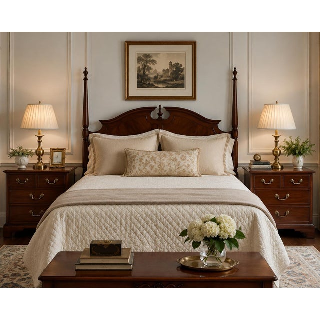 Crafted by Drexel Furniture, this elegant pair of vintage Georgian-style nightstands showcases timeless American...