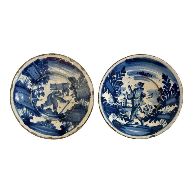 18th Century Dutch Delft Pottery Blue and White Figural Plates, A-Pair For Sale
