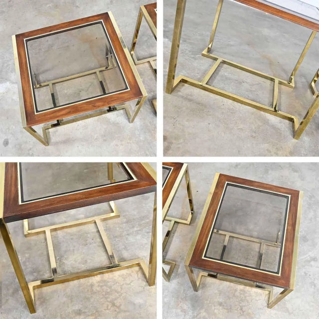 Modern End Tables 2 Sizes Brass Plated Dark Wood & Smoked Glass Rectangles by Thomasville Furniture Style of Milo Baughman, a Pair For Sale - Image 9 of 17