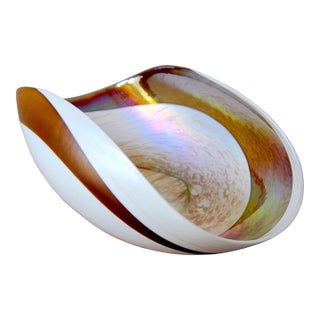 Murano Attributed Art Glass Bowl – Iridescent Cartoccio Form in Ivory & Brown, Hand-Blown Venetian Style Sculptural Centerpiece For Sale