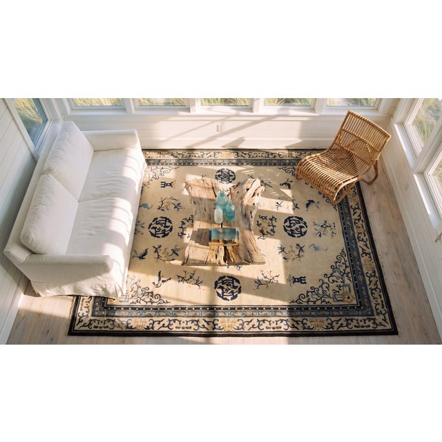 Superlative Navy Color Circles Forming a Cross in the Center on Beige Background Antique Chinese Peking Rug For Sale - Image 13 of 15