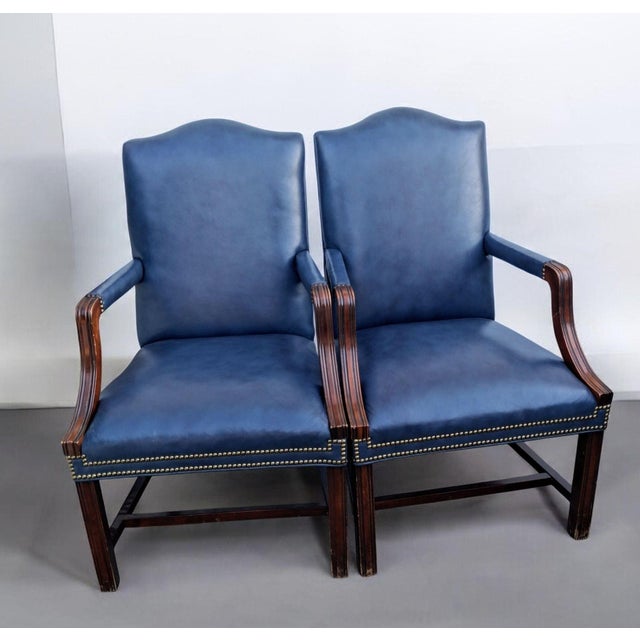 Wood Timeless Elegance: The Hancock & Moore Blue Leather Armchair Pair 1980s For Sale - Image 7 of 12