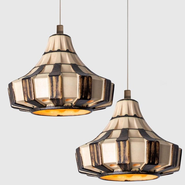 Ivory & Brown Ceramiy Trumpet Pendant Light, Denmark, 1970s For Sale - Image 16 of 18