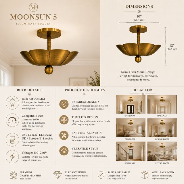 Bring timeless elegance into your home with this handcrafted scalloped brass flush mount ceiling light — a perfect blend...