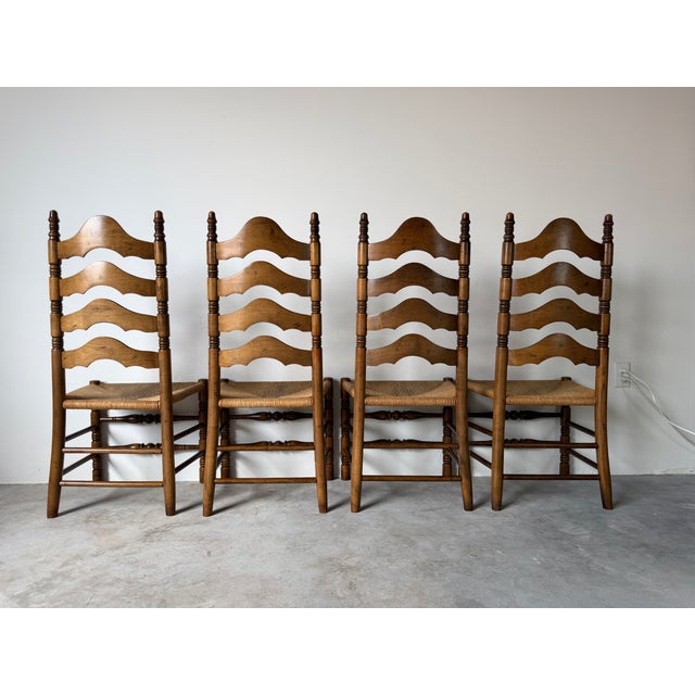 Vintage French Country Style Tall Ladder Back Rush Seat Dining Chairs – Set of 4 For Sale - Image 9 of 18