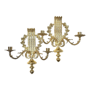 Hollywood Regency Gold Brass French Laurel Wall Sconces Louis XVI Style - A Pair
