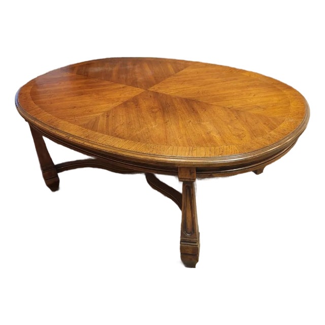 1950s Vintage Heritage / Heritage-Henredon Oval Parquet Coffee Table - Walnut Veneer, Stretcher Base For Sale